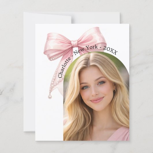 Pink bow photo Graduation party Save the Date card (裏面)