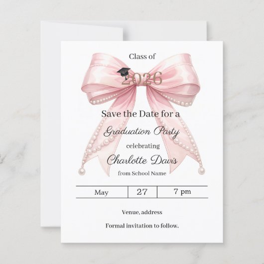 Pink bow photo Graduation party Save the Date card (正面)
