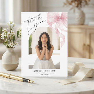 Pink Bow Photo Graduation Thank You Card サンキューカード