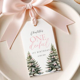 Pink Bow Pine Trees Winter Onederland 1st Birthday ギフトタグ