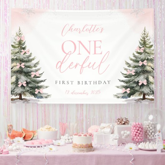 Pink Bow Pine Trees Winter Onederland 1st Birthday 横断幕 (パーティー)