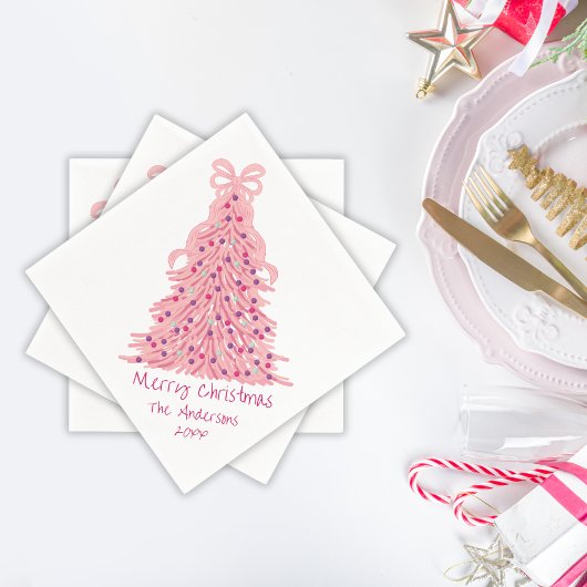 Pink Bow Pink Christmas Tree スタンダードカクテルナプキン