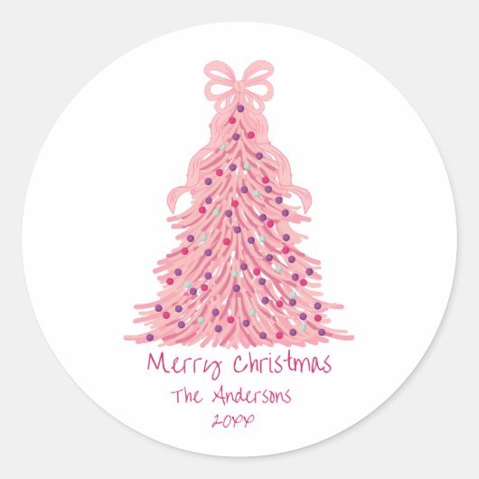 Pink Bow Pink Christmas Tree ラウンドシール (正面)