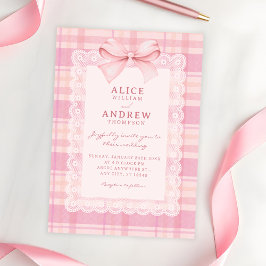 Pink bow plaid wedding 招待状