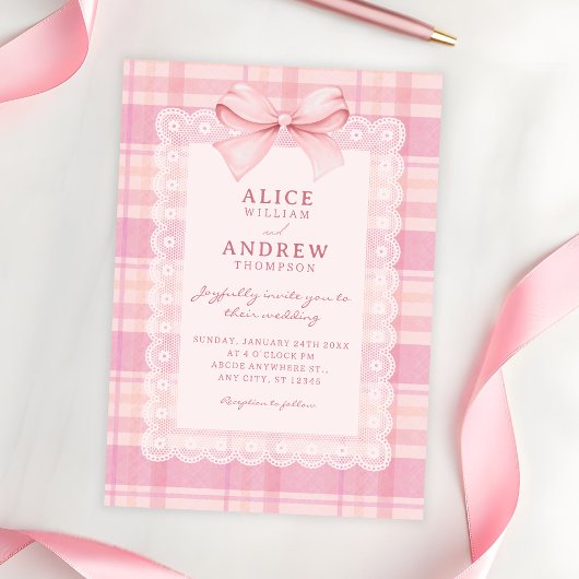 Pink bow plaid wedding 招待状