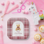 Pink Bow Preppy Teddy Bear 1st Birthday ペーパープレート (パーティー)