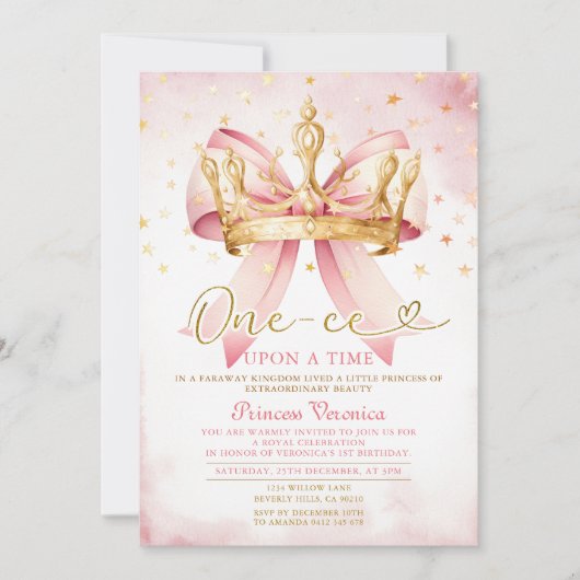 Pink Bow Princess ONE-CE Upon a time 1st birthday 招待状 (正面)