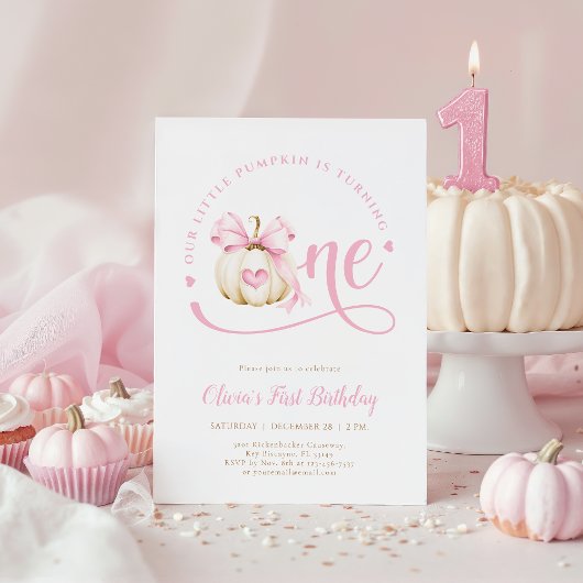 Pink Bow Pumpkin 1st Birthday Invitation 招待状
