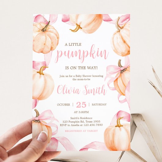 Pink Bow Pumpkin Baby Shower 招待状