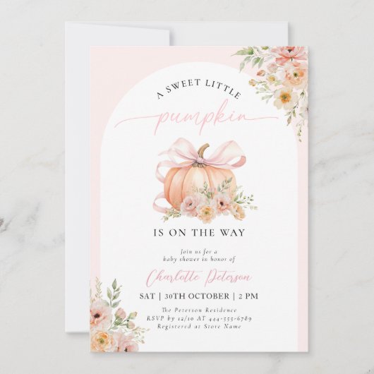 Pink Bow Pumpkin Floral Baby Shower 招待状 (正面)