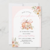 Pink Bow Pumpkin Floral First Birthday 招待状 (正面)