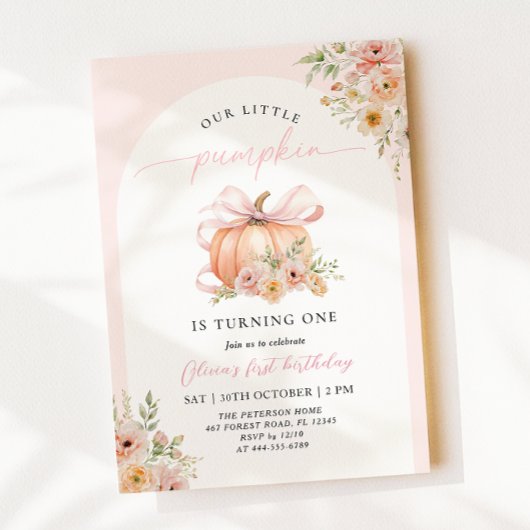 Pink Bow Pumpkin Floral First Birthday 招待状
