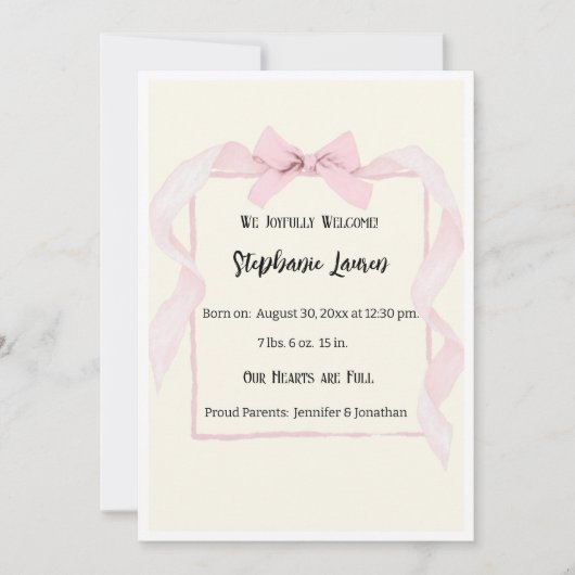 Pink Bow Ribbon Baby Birth Announcement Photo 招待状 (正面)