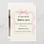 Pink Bow Ribbon Baby Birth Announcement Photo 招待状 (正面/裏面)