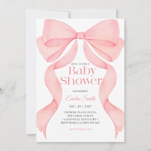 Pink bow ribbon baby shower  招待状 (正面)