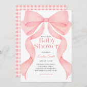 Pink bow ribbon baby shower  招待状 (正面/裏面)