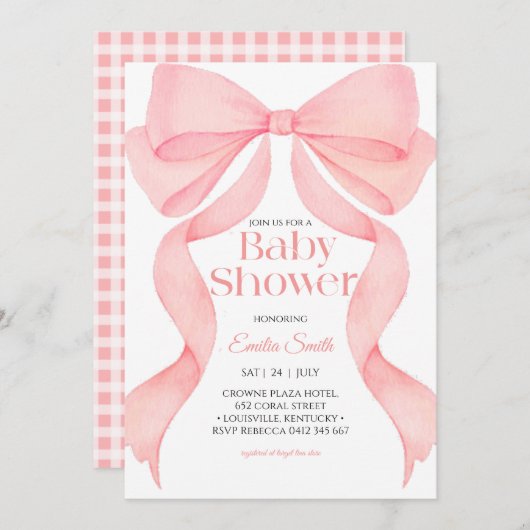 Pink bow ribbon baby shower  招待状 (正面/裏面)