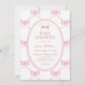 Pink bow ribbon baby shower 招待状 (正面)