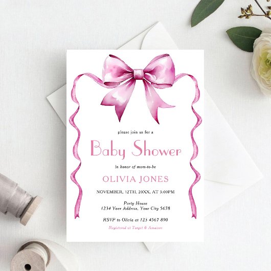 Pink Bow ribbon Baby Shower 招待状