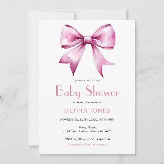 Pink Bow ribbon Baby Shower 招待状 (正面)