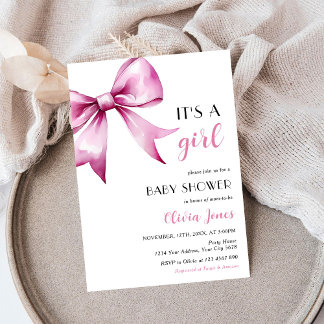 Pink Bow ribbon Baby Shower It's a girl 招待状