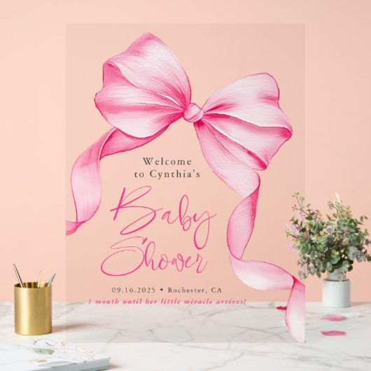 Pink Bow Ribbon Baby Shower Welcome  アクリルサイン (ウェディング)