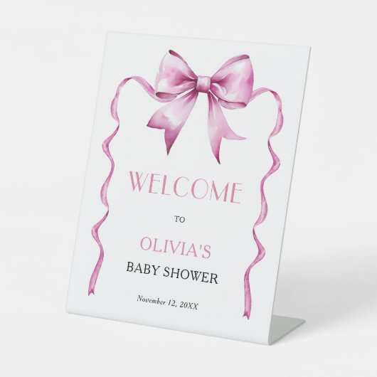 Pink Bow Ribbon Baby Shower Welcome  台座サイン (正面)