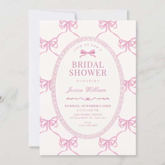 Pink bow ribbon bridal shower 招待状 (正面)