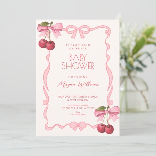 Pink bow ribbon cherry baby shower 招待状 (スタンド正面)