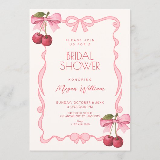 Pink bow ribbon cherry bridal shower 招待状 (正面)