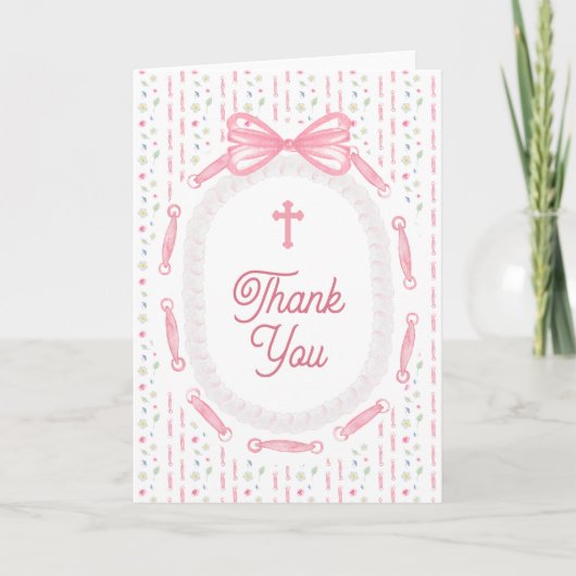 Pink Bow Ribbon Frame Floral Religious Thank You カード (正面)