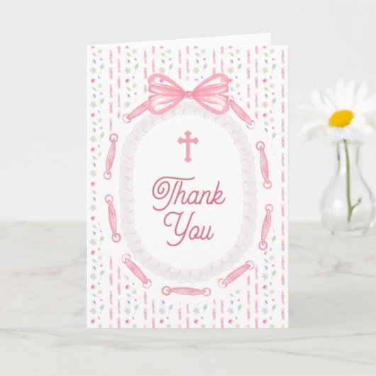 Pink Bow Ribbon Frame Floral Religious Thank You カード (小さな植物)