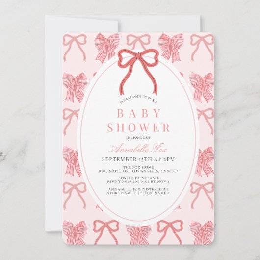 Pink Bow Ribbon Pattern Girl Baby Shower 招待状 (正面)