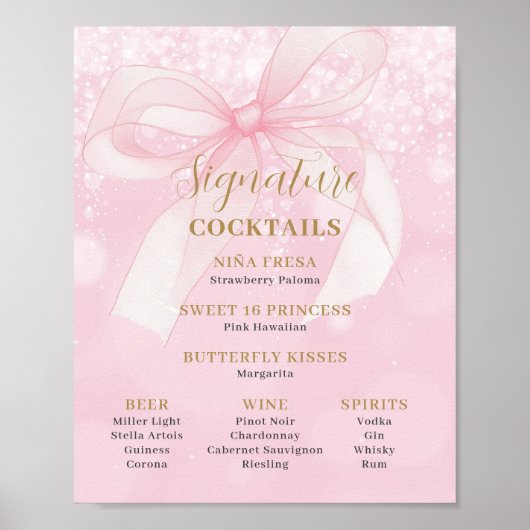 Pink Bow Ribbon Sweet 16 Signature Cocktails Menu ポスター (正面)