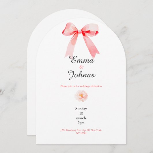 pink bow rose chic wedding invitation 招待状 (正面/裏面)