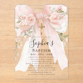Pink Bow Rose Floral Girl Baptism アクリル招待状 (正面)
