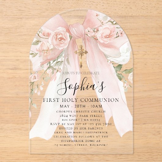 Pink Bow Rose Floral Girl First Communion アクリル招待状 (正面)