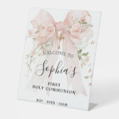 Pink Bow Rose Floral Girl First Communion 台座サイン (正面)