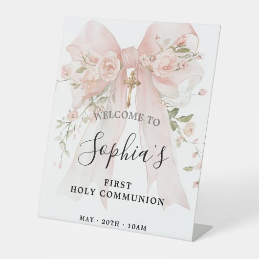 Pink Bow Rose Floral Girl First Communion 台座サイン (正面)