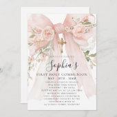 Pink Bow Rose Floral Girl First Communion 招待状 (正面/裏面)