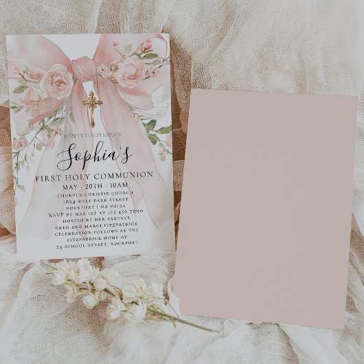 Pink Bow Rose Floral Girl First Communion 招待状
