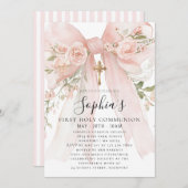 Pink Bow Rose Floral Girl First Communion 招待状 (正面/裏面)
