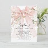 Pink Bow Rose Floral Girl First Communion 招待状 (スタンド正面)