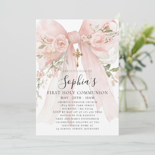 Pink Bow Rose Floral Girl First Communion 招待状 (スタンド正面)