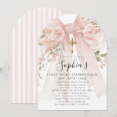 Pink Bow Rose Floral Girl First Communion Arch 招待状 (正面/裏面)