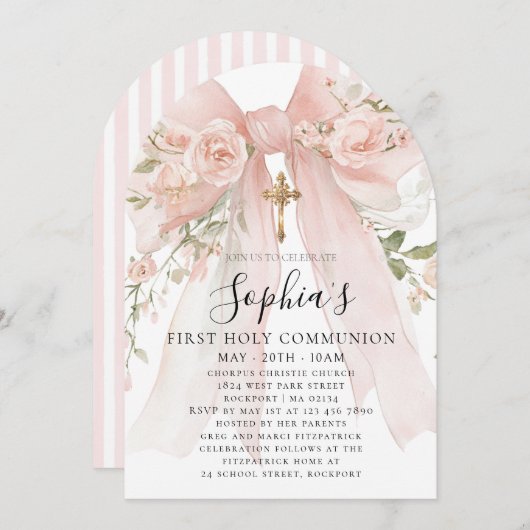 Pink Bow Rose Floral Girl First Communion Arch 招待状 (正面/裏面)
