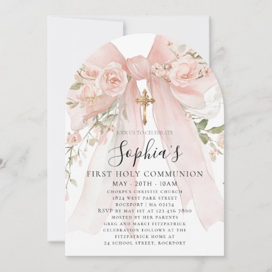 Pink Bow Rose Floral Girl First Communion Arch 招待状 (正面)