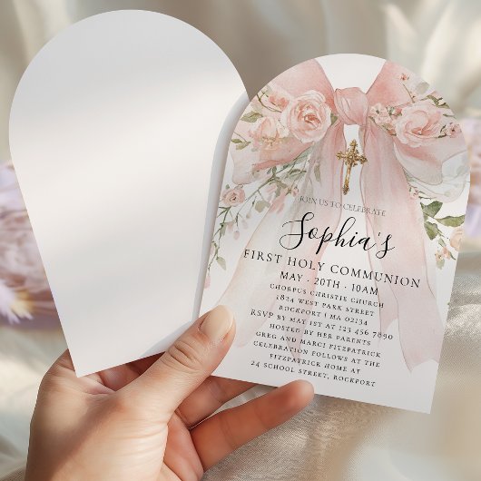 Pink Bow Rose Floral Girl First Communion Arch 招待状