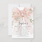 Pink Bow Rose Floral Girl First Communion Petite 招待状 (正面)