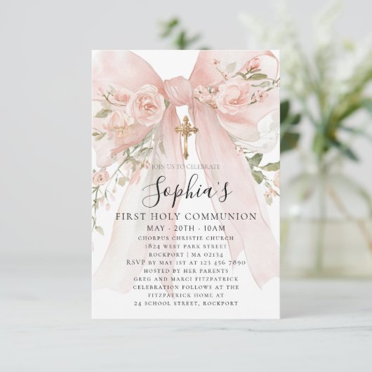 Pink Bow Rose Floral Girl First Communion Petite 招待状 (スタンド正面)